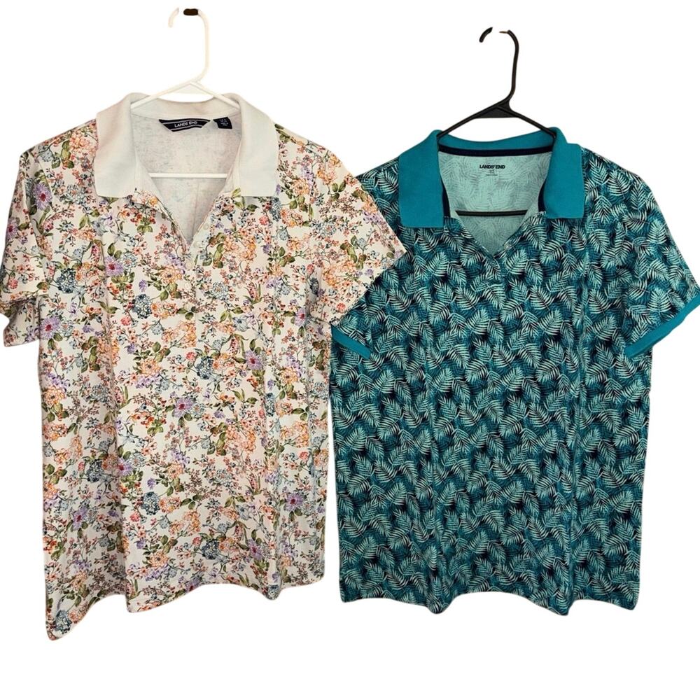 Lands’ End women’s cotton polo shirts lot of 2 floral leaves (size L/T)